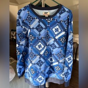 Land’s End Patchwork Sweatshirt, blue. Women’s large. Worn once.